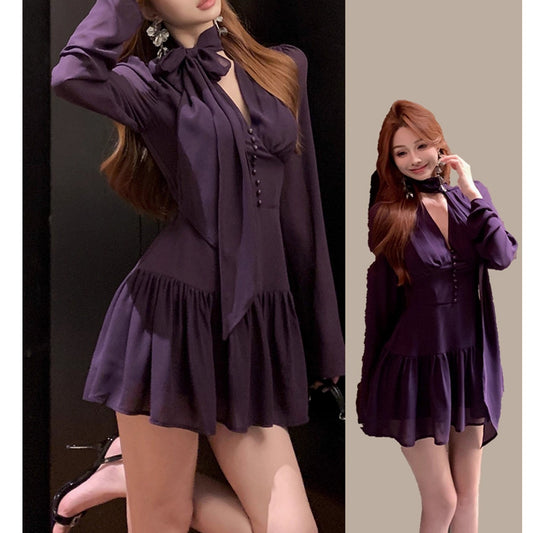 Trendy Waist-cinched Purple Halter Dress For Women