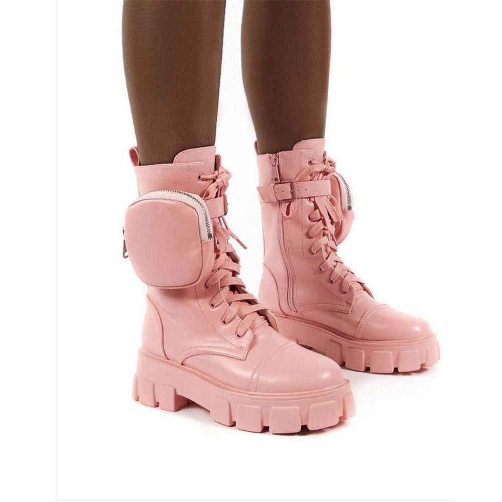 Thick-Heeled Round Toe Lace-Up Pocket Mid-Tube Motorcycle Boots