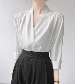5 Spring And Autumn V-neck White Shirt Women's Long Sleeve