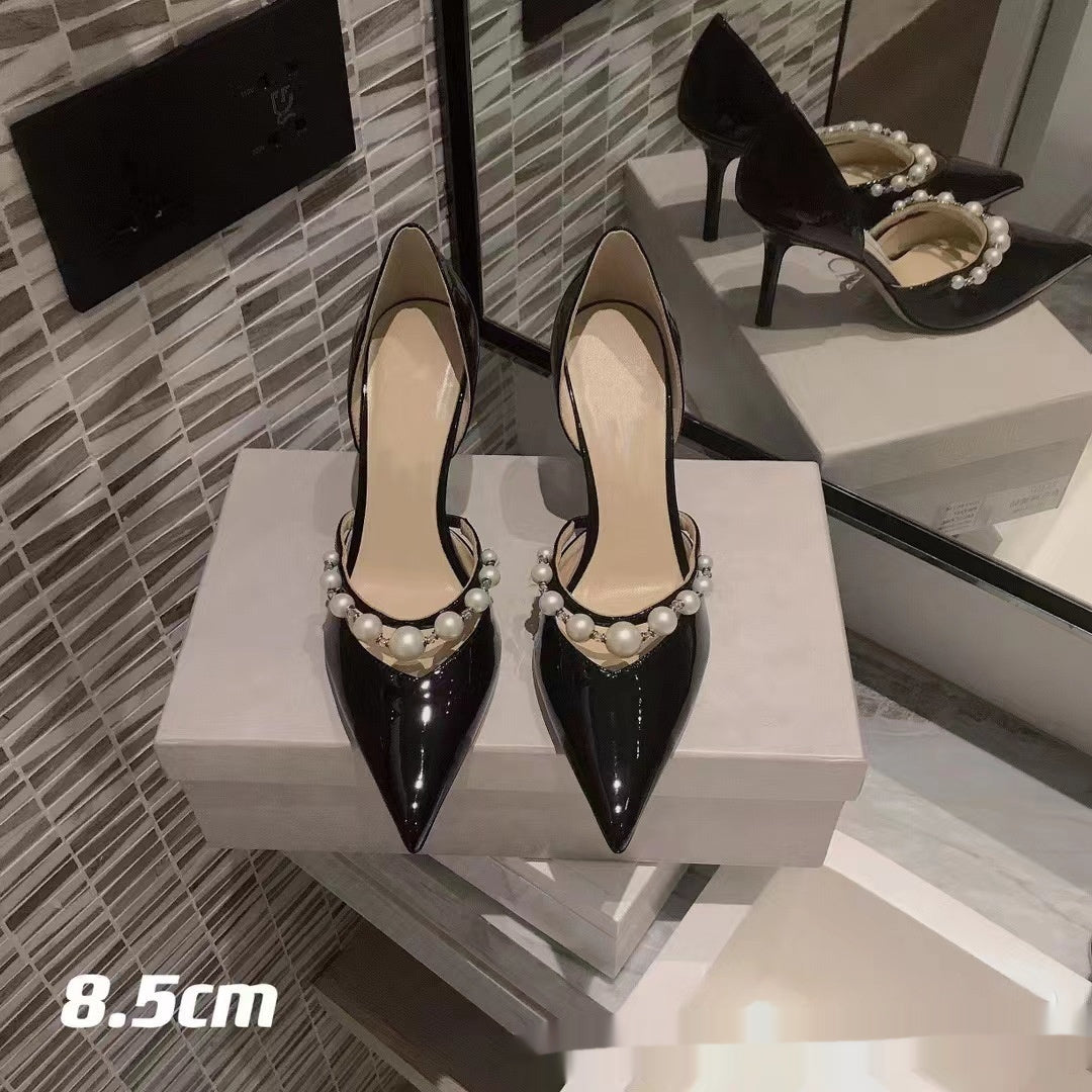 Pointed Patent Leather High Heels Women's Stiletto Heel Pearl