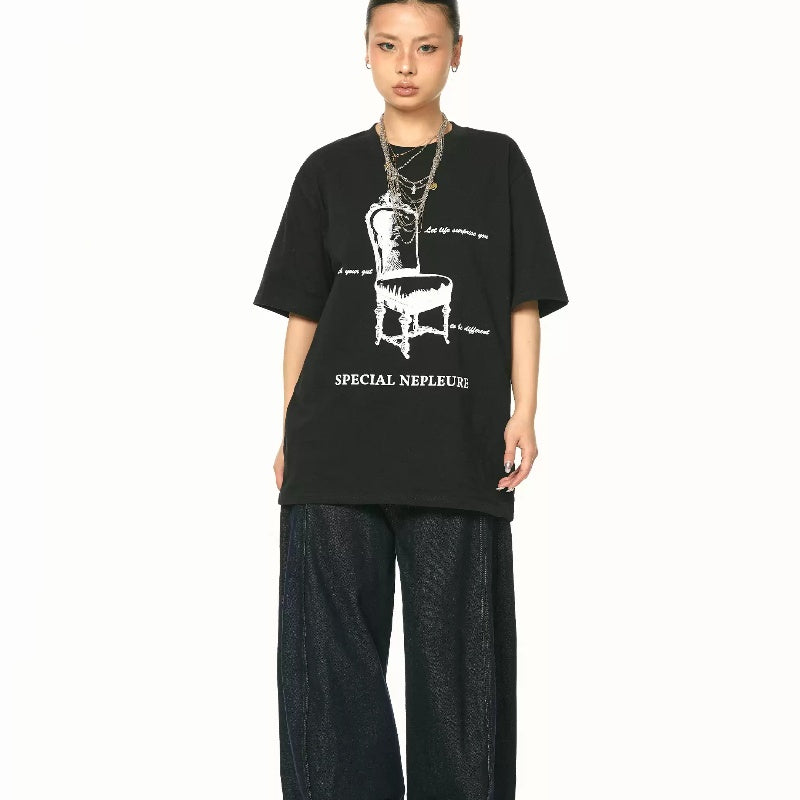 Retro  Printing Round Neck Short Sleeve Loose Casual