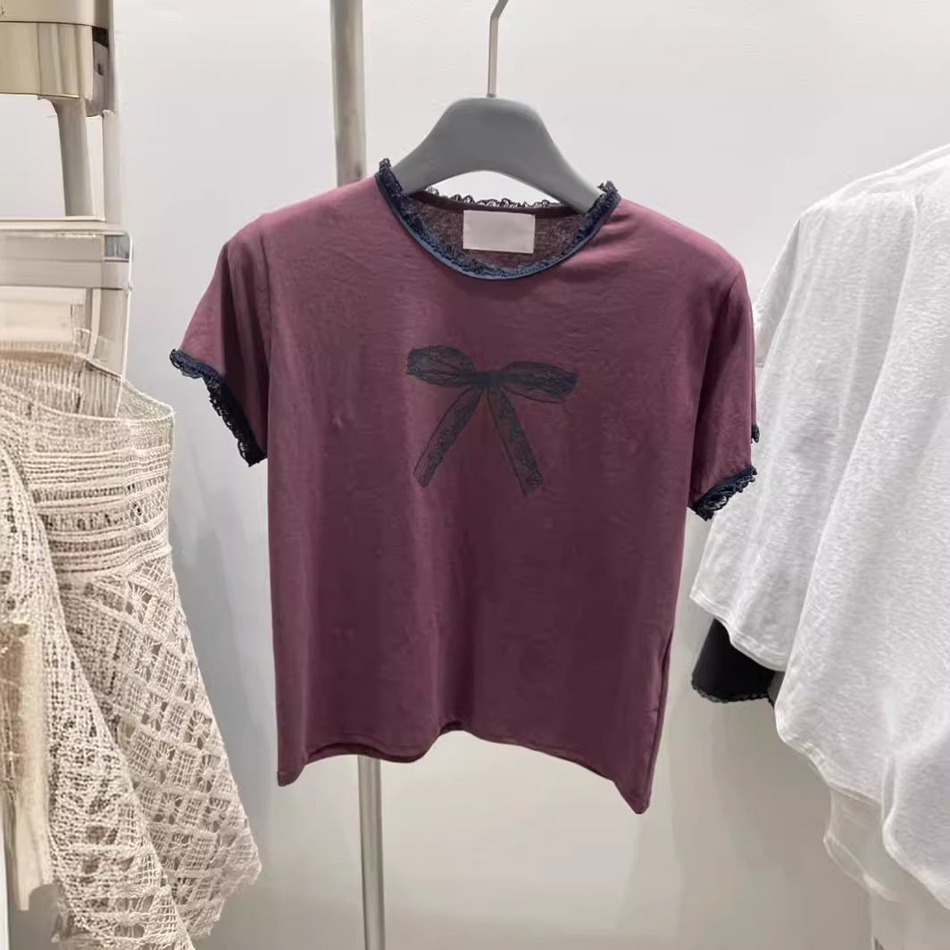 Lace Stitching Bow Printed Round Neck Short Sleeve