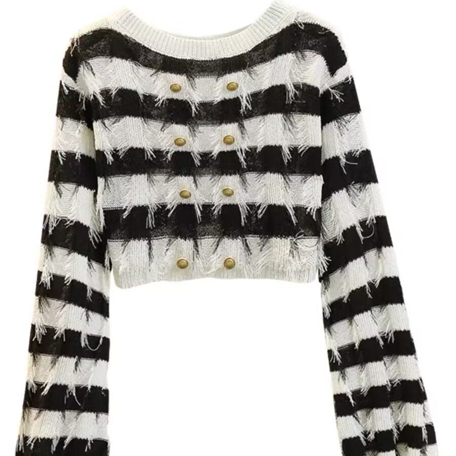 Striped French Tassel Design Sense Long Sleeve Short Top