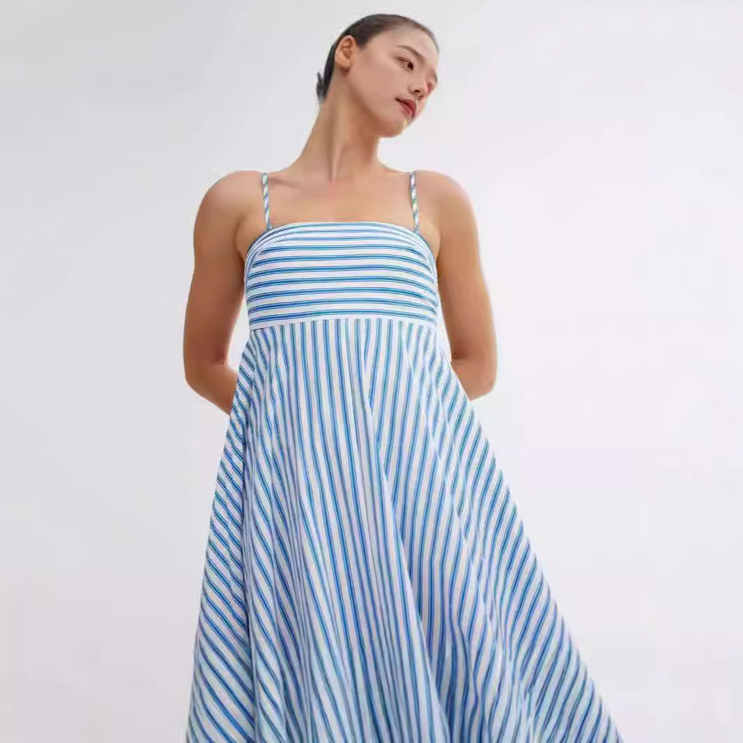 Elegant Printed Striped High-Waist Swing Dress
