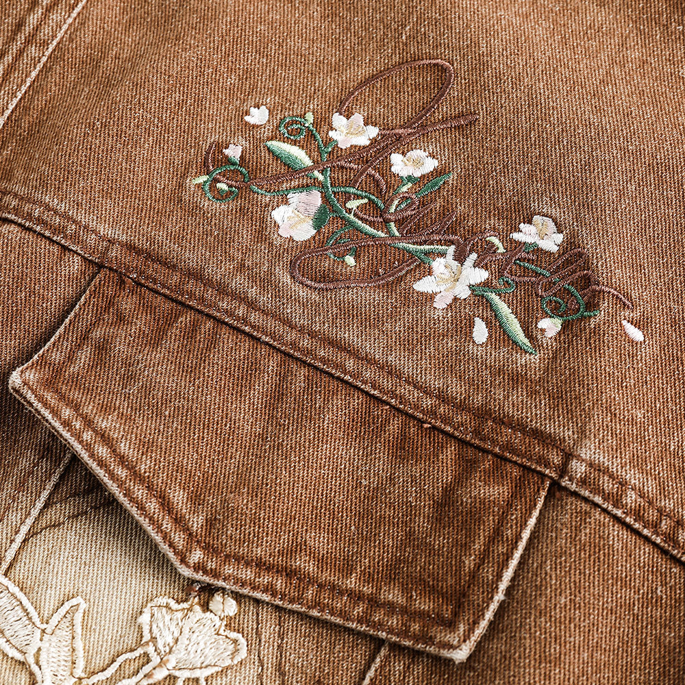 Floral Embroidery Spray Painting Denim Jacket Men Punk