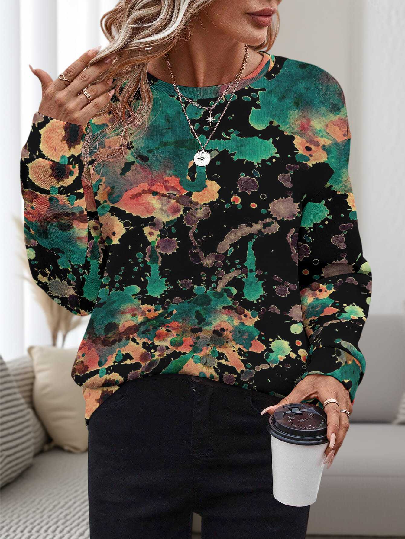 Dame 3D-printet rundhalset pullover, løs fritidstrøje