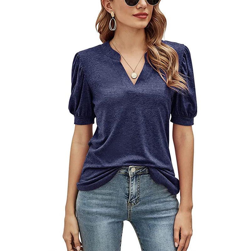 Women's New Casual V-neck Puff Sleeve Loose T-shirt Women