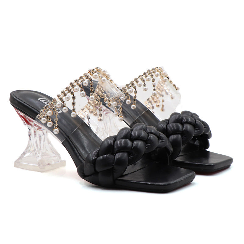 Black Chunky Woven One-line High-heeled Sandals