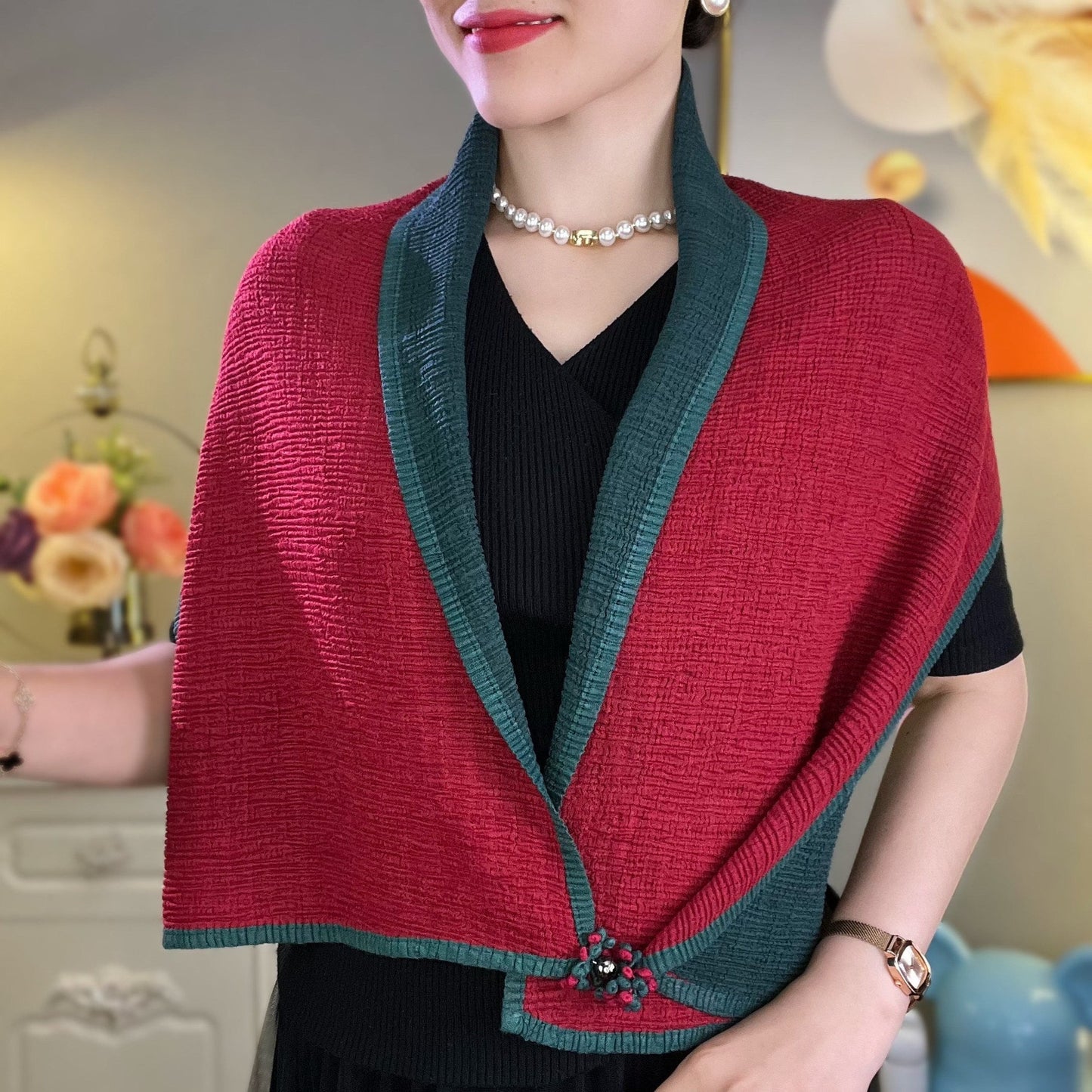 Crumpled Small Flower Magnetic Snap Double-sided Two-color Scarf