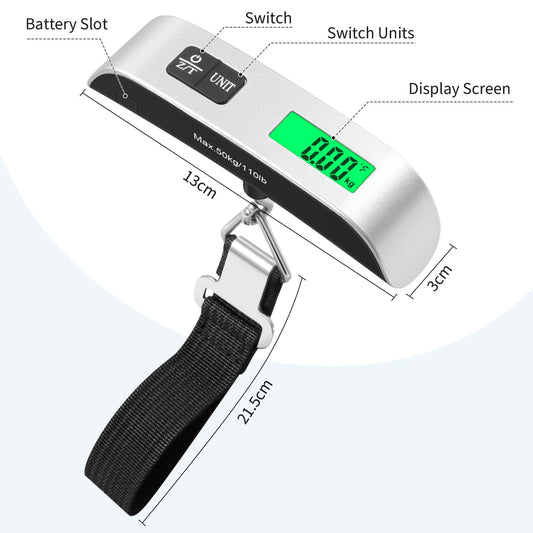 Blendura Resväskevåg, digital våg väger resväska, fotspår bärbar hem 110 lb/50 kg funktion lämplig för resor, Silver, Taglia Unica, Resväskevåg