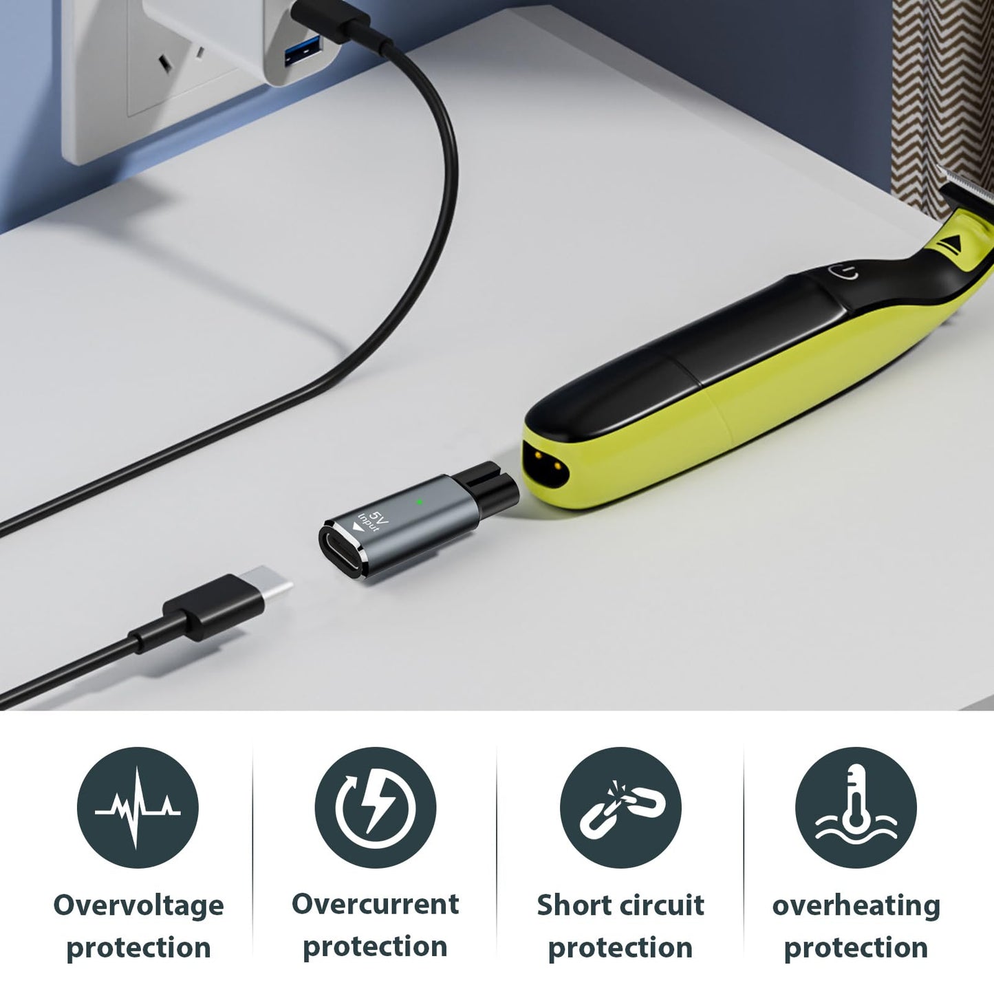 5 V USB C-laddare, kompatibel med Philips OneBlade QP2734, QP2724, QP2824, QP2834, QP4631, MG5910, MG7910, MG9510, QP1924, QP1324, 7000, 9000-serien, laddare grön USB-C för Raw gräsklippare kväll