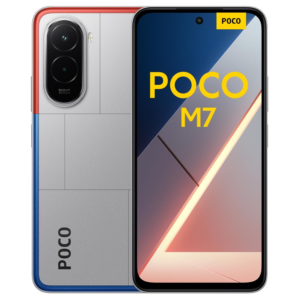 Xiaomi POCO M7, Smartphone 6+128 GB, 6,9 tums FHD+ 144 Hz skärm, Snapdragon 685, 50 MP AI dubbelkamera, 7000 mAh, silver, laddare ingår inte