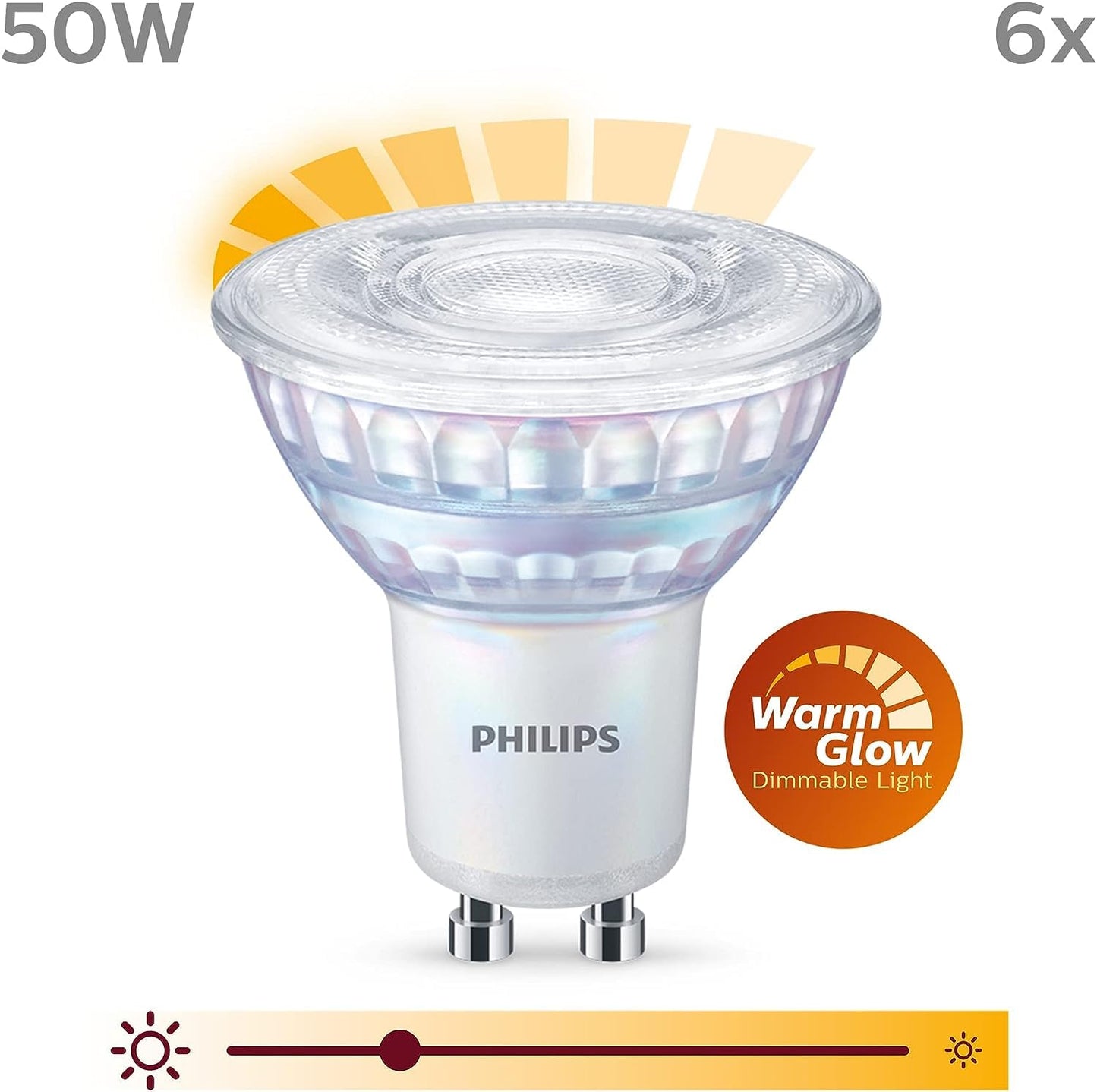 Philips Classic LED-ljuskälla, 50W, GU10, C90, varmvitt ljus, Warm Glow, 2000-2700 kelvin, 15 000 timmar, dimbar, 6-pack