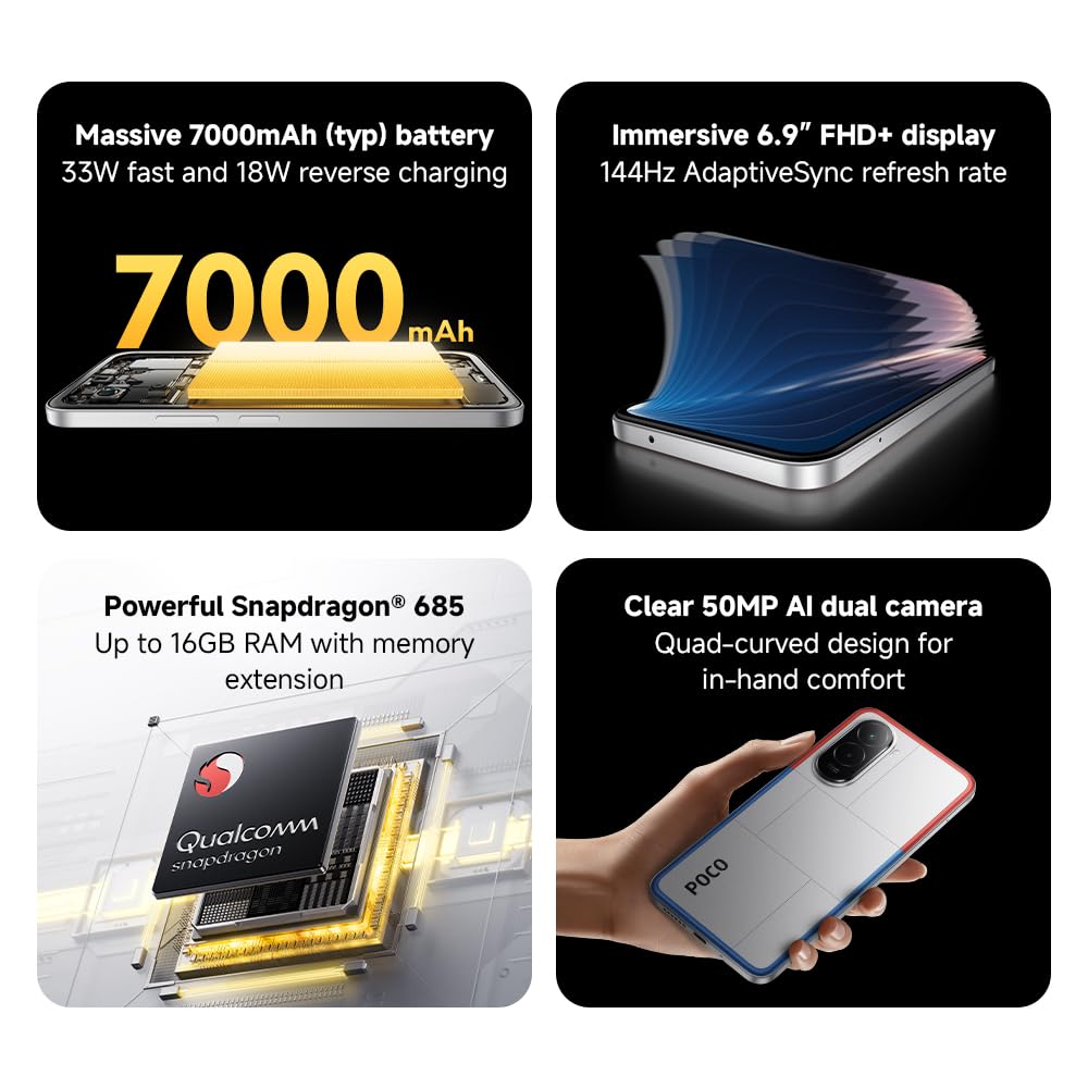 Xiaomi POCO M7, Smartphone 6+128 GB, 6,9 tums FHD+ 144 Hz skärm, Snapdragon 685, 50 MP AI dubbelkamera, 7000 mAh, silver, laddare ingår inte