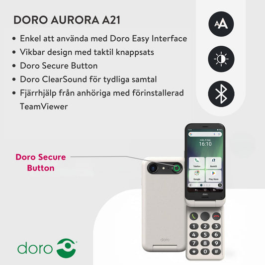 DORO – Vikbar Smartphone Doro Aurora A21 – Seniortelefon – Lätt att Använda – Assistansknapp med GPS-positionering – Kompatibel med Hörapparater – USB-kabel ingår – Vit