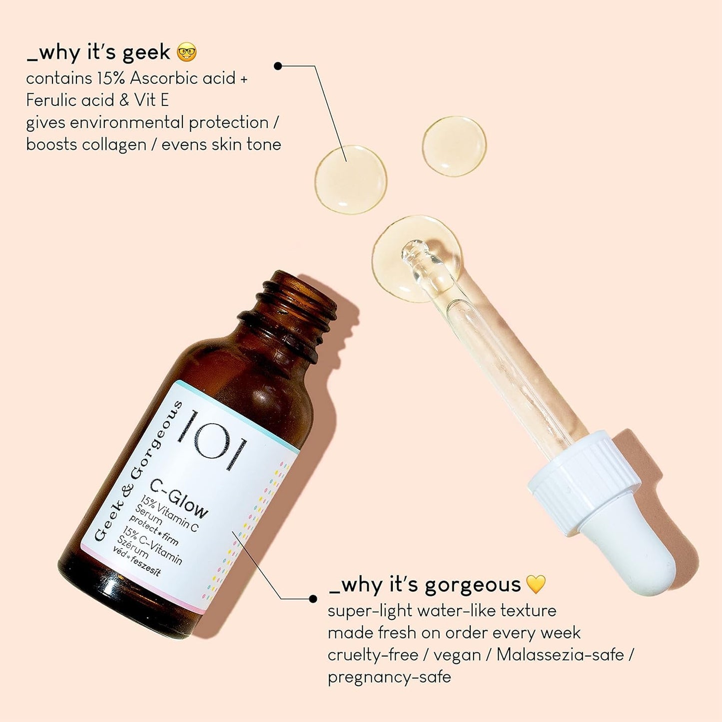 Geek & gorgeous – C-glöd – 15 % C-vitamin ferulic acid & E-vitamin serum, skyddar mot miljöskador, boosts collagen och evens hudton – alla hudtyper, duo-pack 30 ml x 2