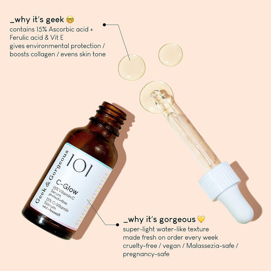 Geek & gorgeous – C-glöd – 15 % C-vitamin ferulic acid & E-vitamin serum, skyddar mot miljöskador, boosts collagen och evens hudton – alla hudtyper, duo-pack 30 ml x 2