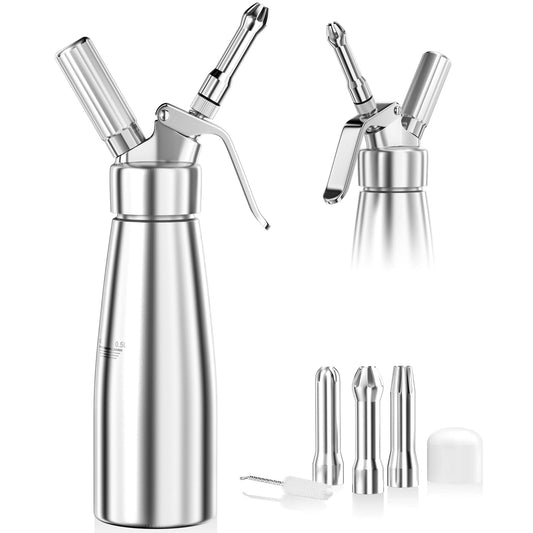 Newaner 500 ml grädddispenser/gräddsifon av aluminium med 3 dekorationsmunstycken av rostfritt stål och 1 rengöringsborste, läckagesäker, för beredning av vispgrädde, kräm, mousse och desserter