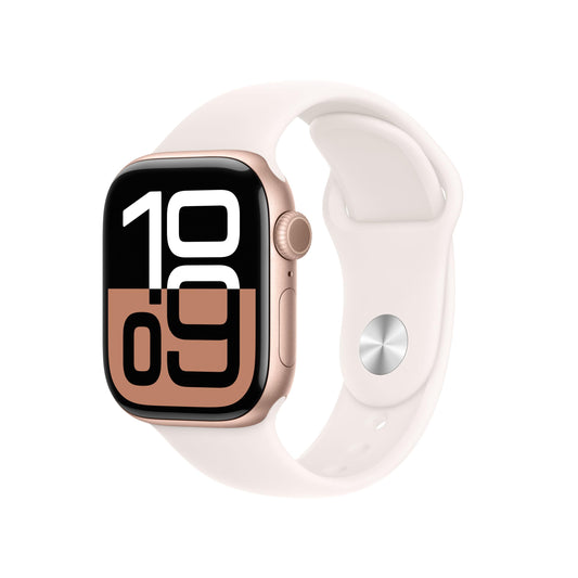 Apple Watch Series 10 GPS + Cellular 42 mm Smart klocka med boett i aluminium rosa guld och Sportband i rosé - S/M. Träningsmätare, appen EKG, Retina-skärm som alltid är på, vattentålig