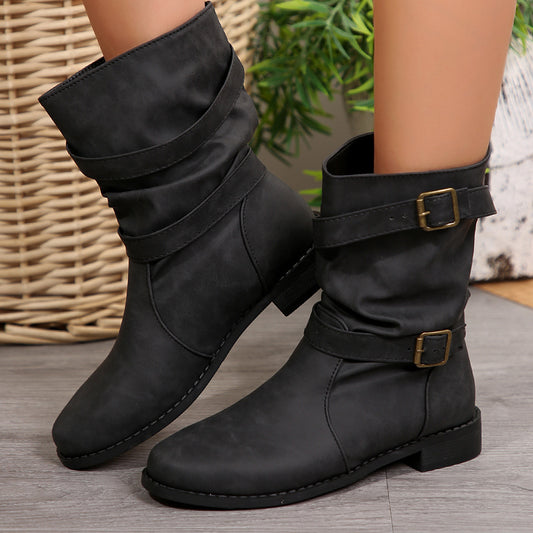 Retro Distressed Barrel Boots With Metal Buckles And Stitched Detailing Mid Calf Length