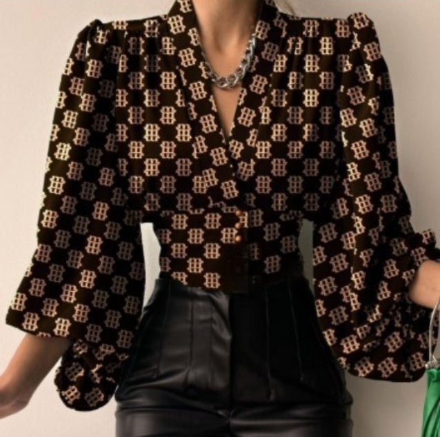 Elegant Buttoned V-Neck Puff Sleeve Top Shirt For Women