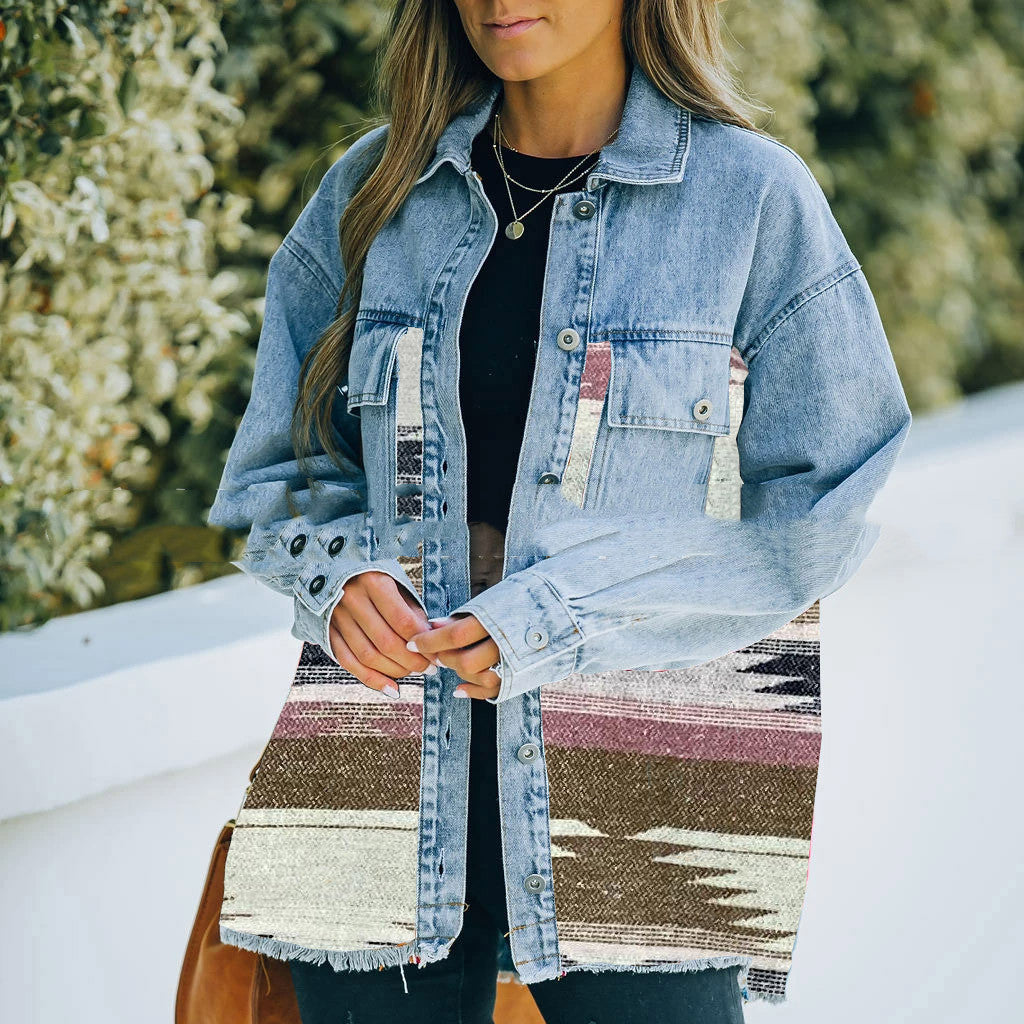Lapel Pocket Denim Patchwork Wool Coat