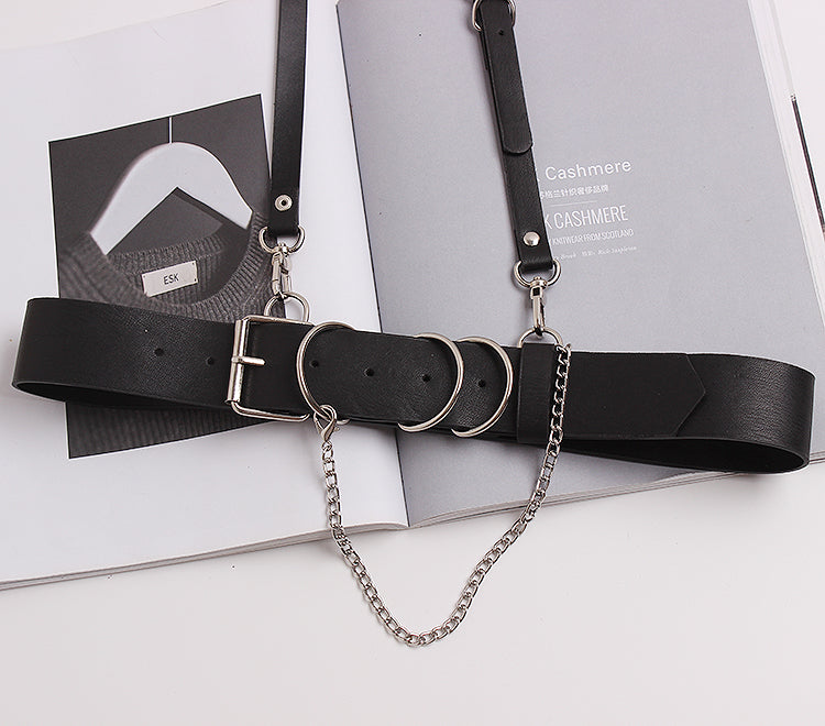 Concave shape black strap leather chain