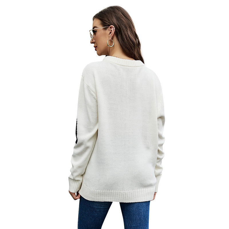 European And American Letter Jacquard Casual Sweater Idle Style Loose Pullover