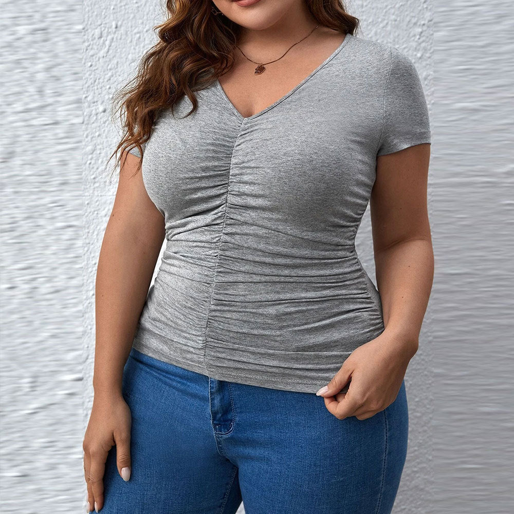 Dame Slim Fit V-hals Ensfarvet Kortærmet T-shirt