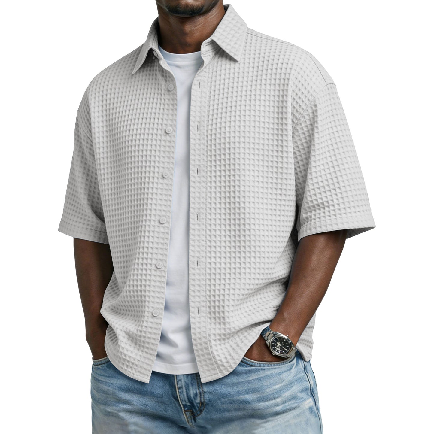 Men's Solid-Colored Waffle-Weave T-Shirt With Lapel Collar