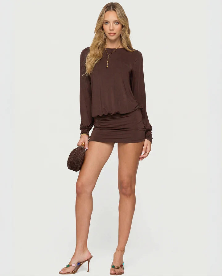 Long-sleeve Off-shoulder Round-neck Solid-color Dress