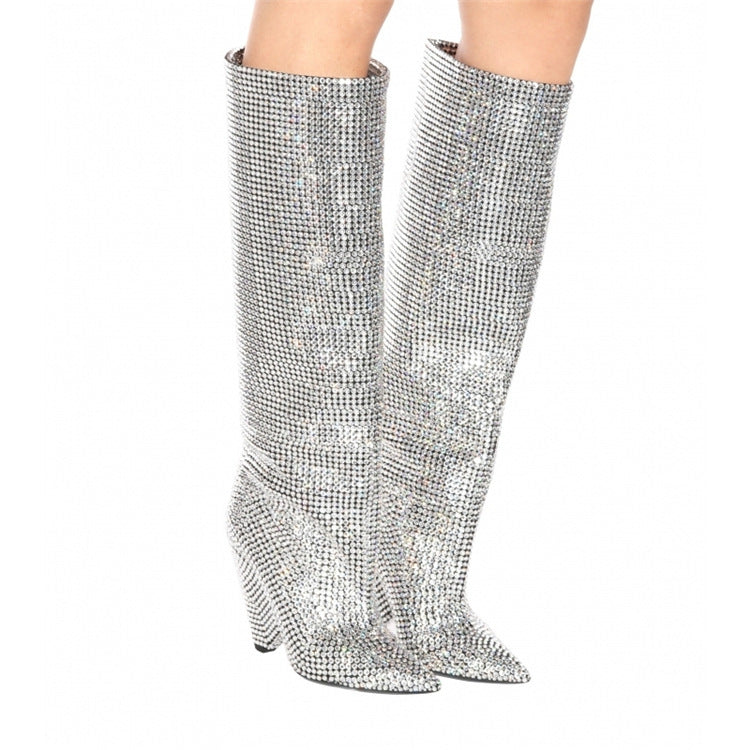 Rhinestone High-heeled Pointy Nightclub Show Knee-length Boots