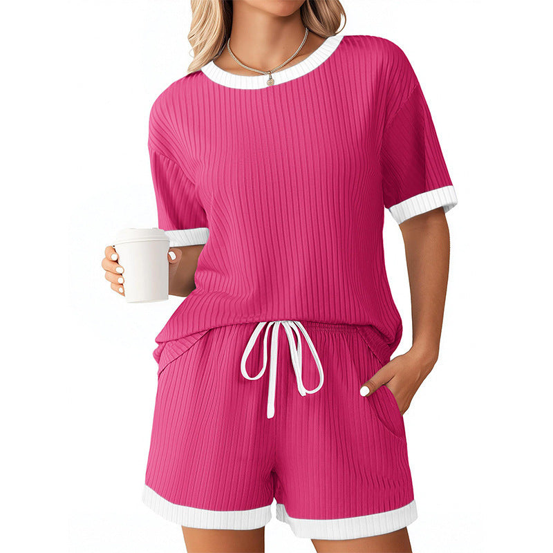Solid-color Ribbed Patchwork Color-block Pajama Short-sleeve Loungewear Set