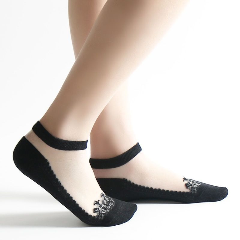 Thin Sheer Lace-trimmed Crystal Jacquard Ankle Socks