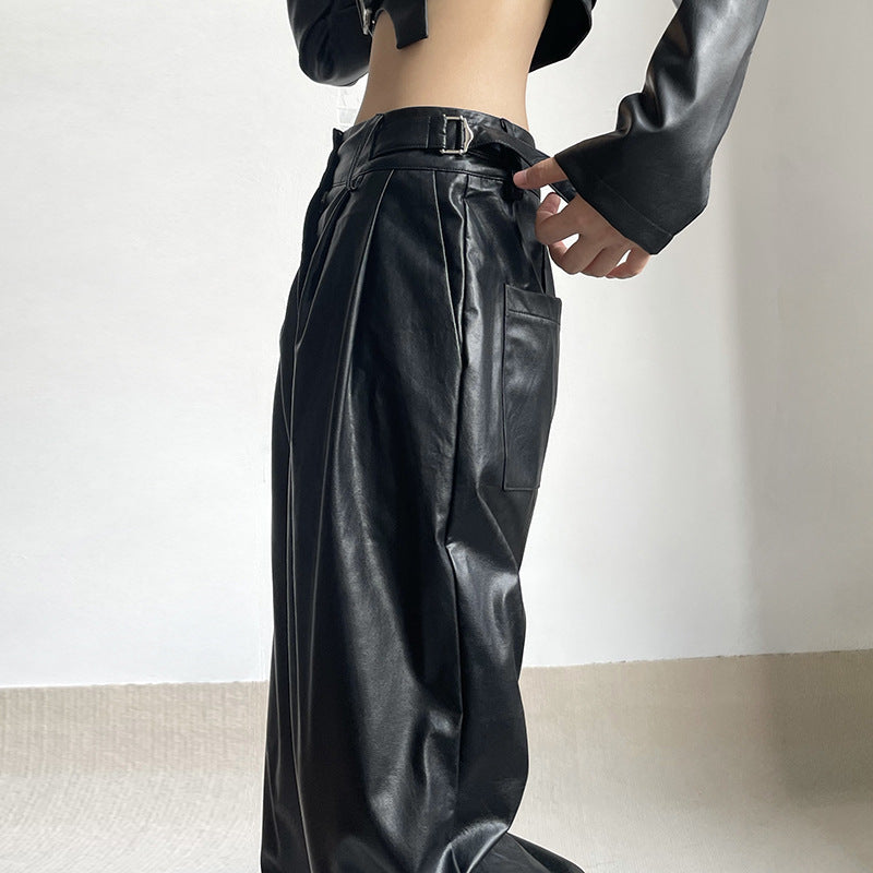 Women's Straight Low Waist Loose Casual Leather Pants