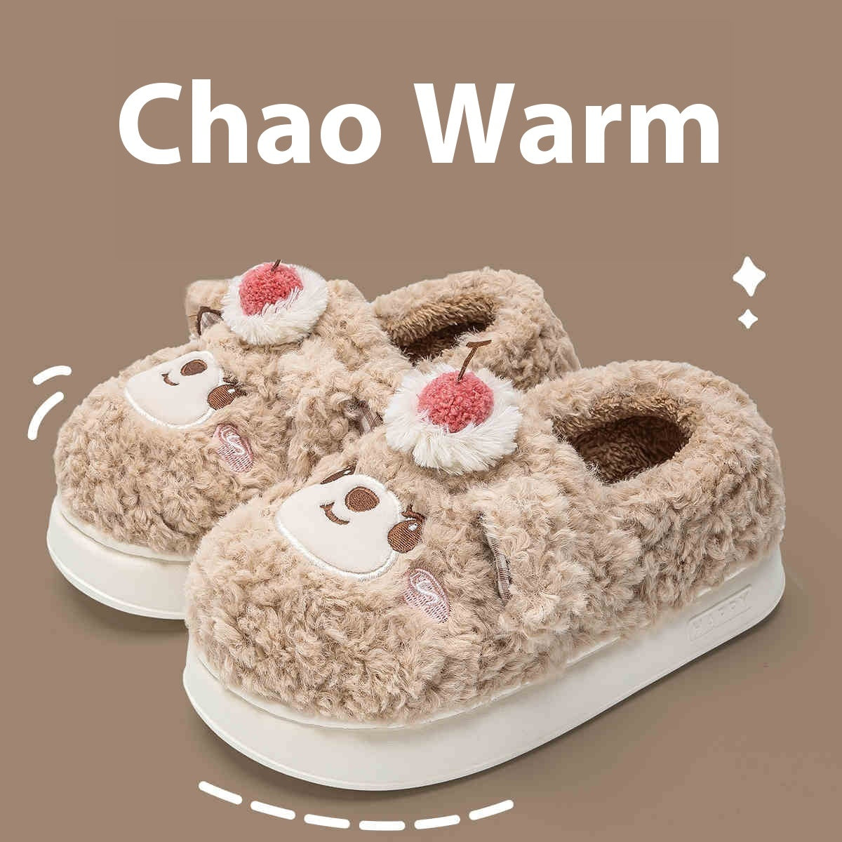 Women's Platform Heel Covered Plush Warm Cherry Bear Cotton Slippers