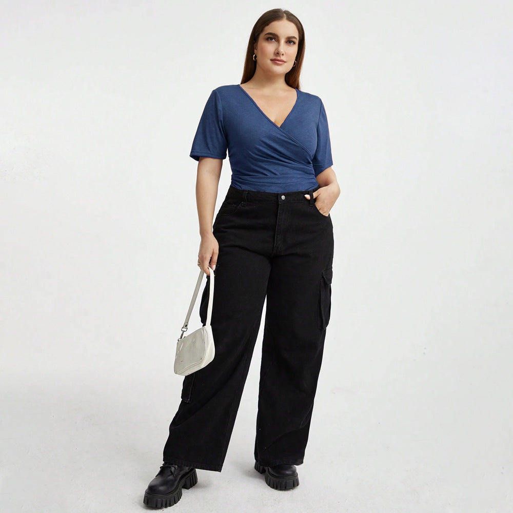 New V-neck Spliced Wide Slim Solid Color Top
