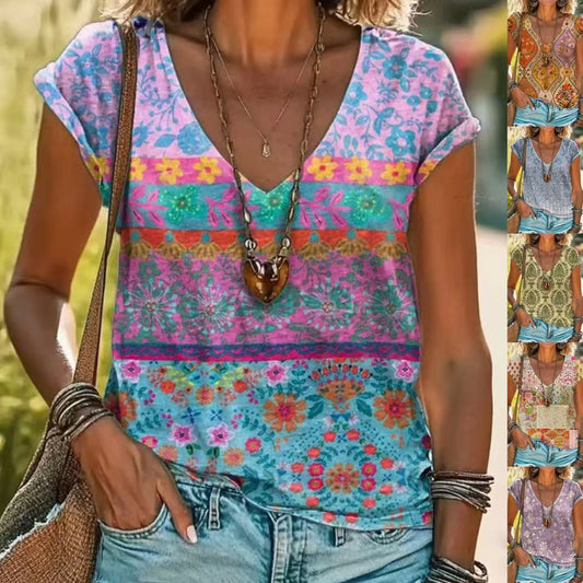 Casual Loose Fashion Digital Printing Multi-color Short Sleeve Women