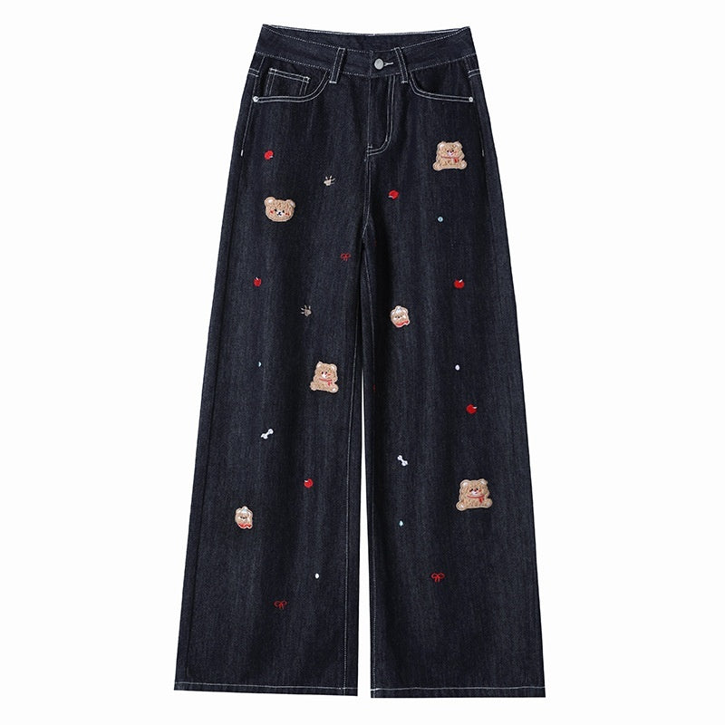 FallWinter Cartoon Embroidered Wide-Leg Straight Jeans