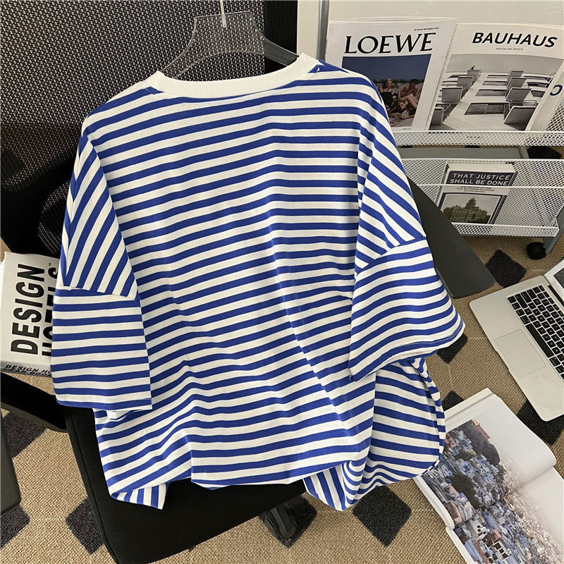 Plus-Size Preppy-Style Striped Casual Sportswear Set