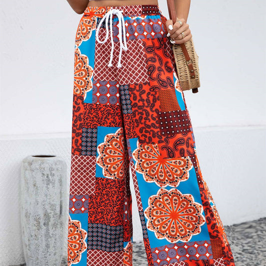 Women's Fashionable Elastic Waist Printed Lace-up Trousers