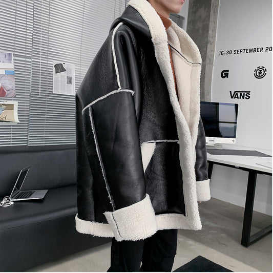 Hooded zipper fashion lambskin coat