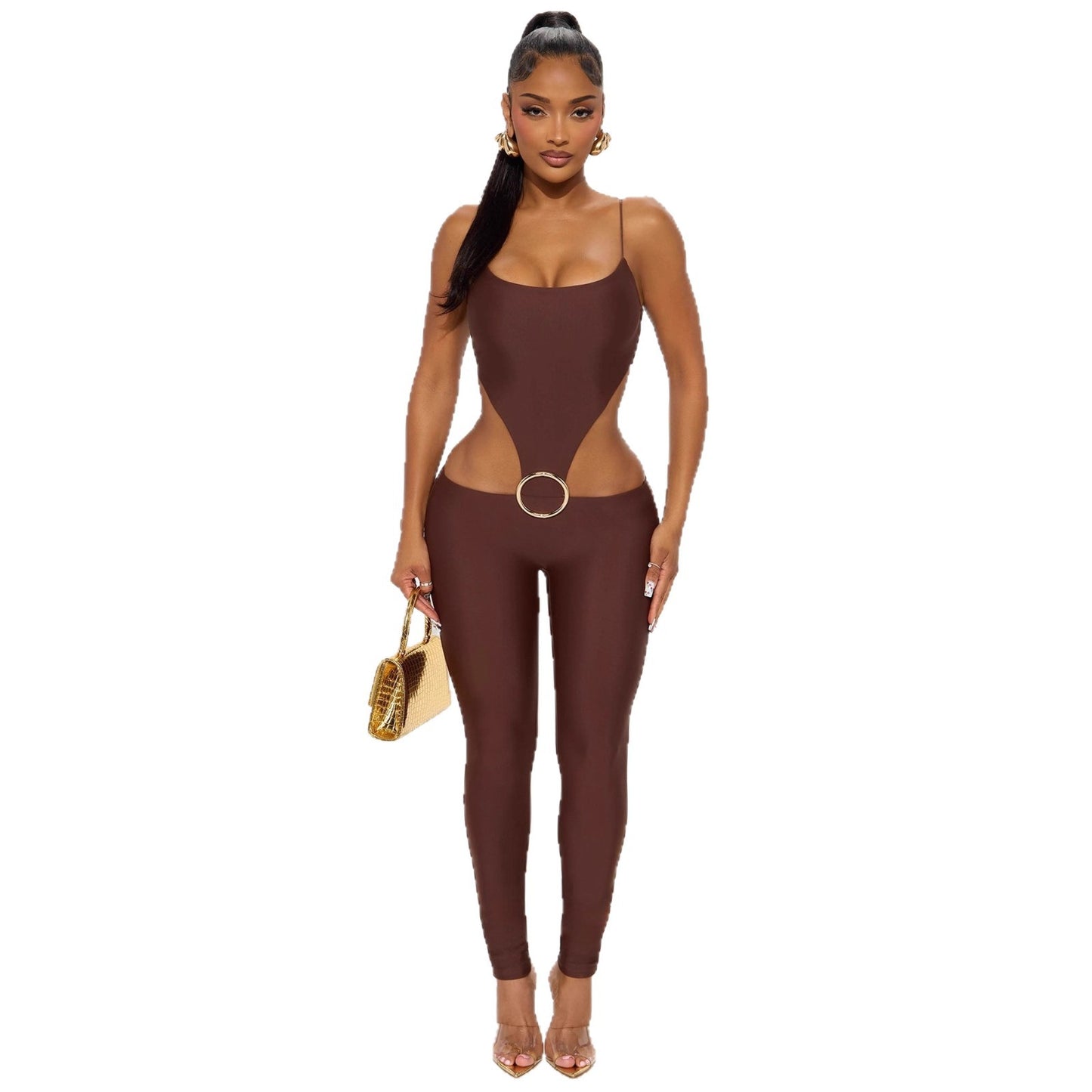 Women's Fashionable And Sexy Hollow-out Strap Top With Mid-waist Tight-fitting Jumpsuit