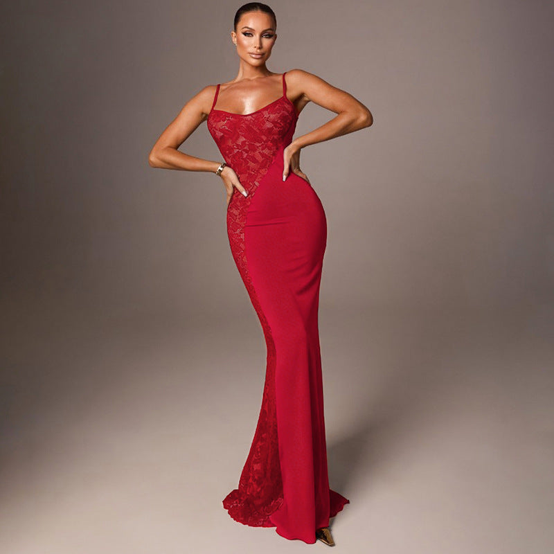 Solid-color Sleeveless Sexy Lace-spliced Slip Bodycon Maxi Dress