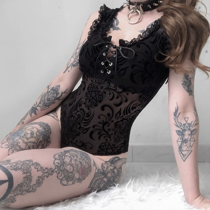 Slim Fit Sheer Lace Bottoming Shirt With Flock Print