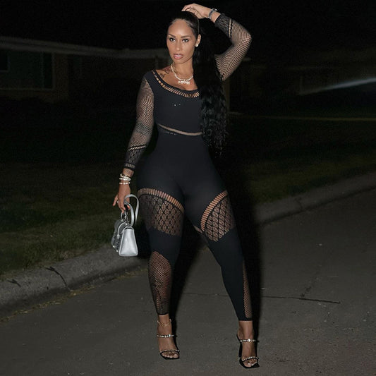 Summer Women's Mesh See-through Hollow High Waist Tight Jumpsuit