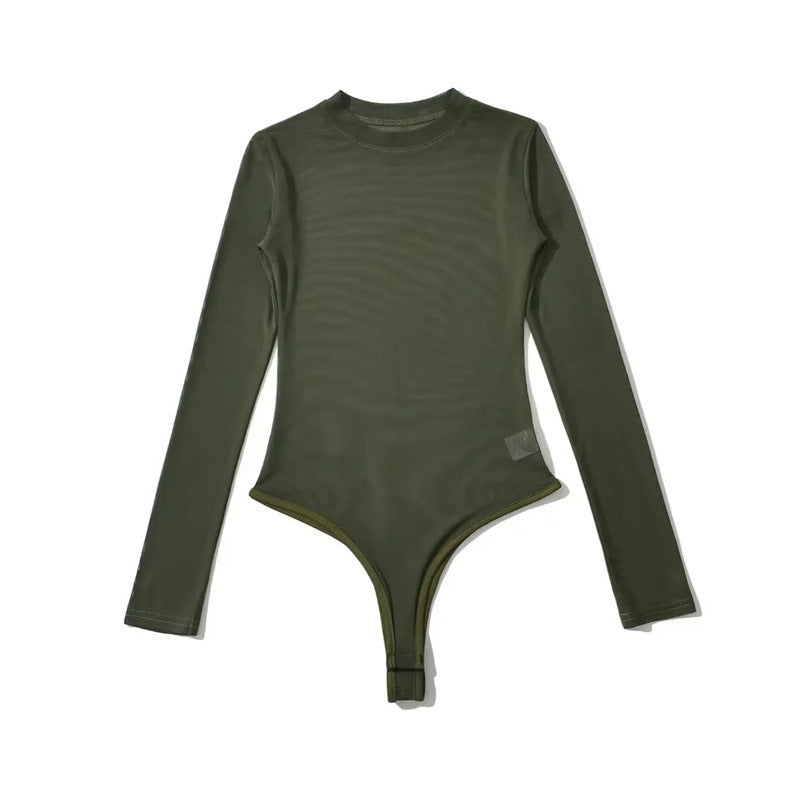 Niche Hot Girl Round Neck Long Sleeve Mesh Transparent Jumpsuit