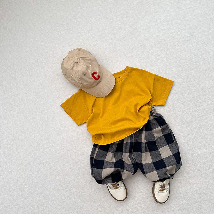 Retro Blue Plaid Casual Capri Pants Children's Middle Pants