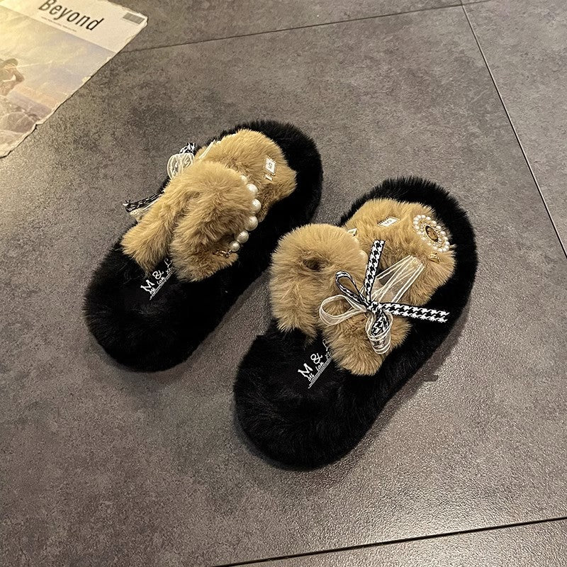 High-grade Pearl Fluffy Slippers Women's Outer Wear