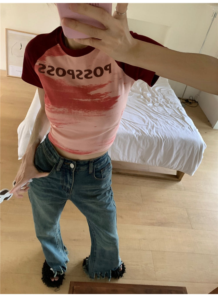 Contrast Color Round Neck Short Raglan Short Sleeve